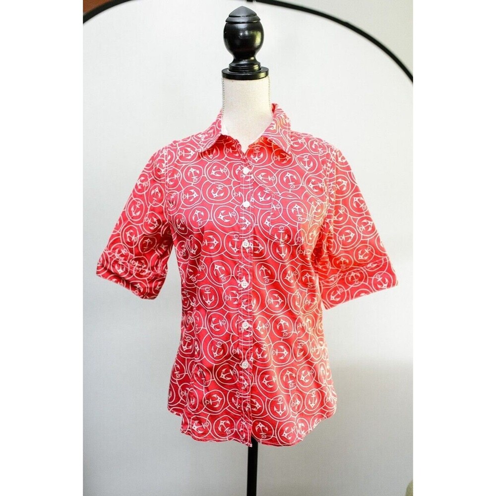 L.L. Bean Top Medium Reg Button up Shirt Anchors Nautical cruise vacation O HYK3